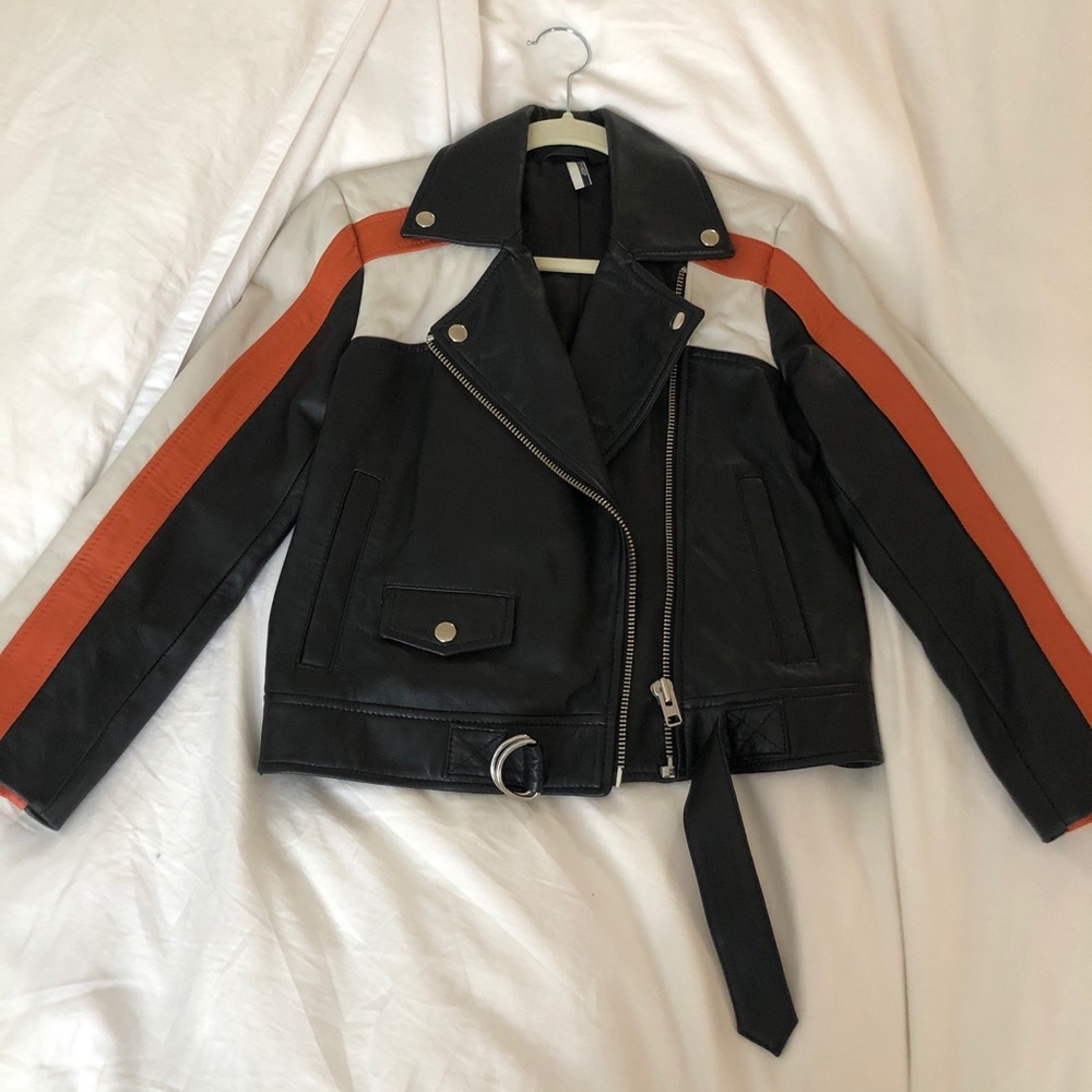 Topshop Stripe Moto Leather Jacket fits XS/S